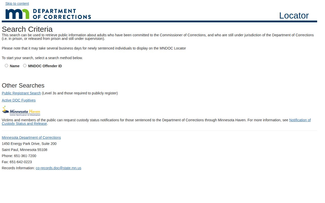 Minnesota Department of Corrections locator for Olmsted County custody records