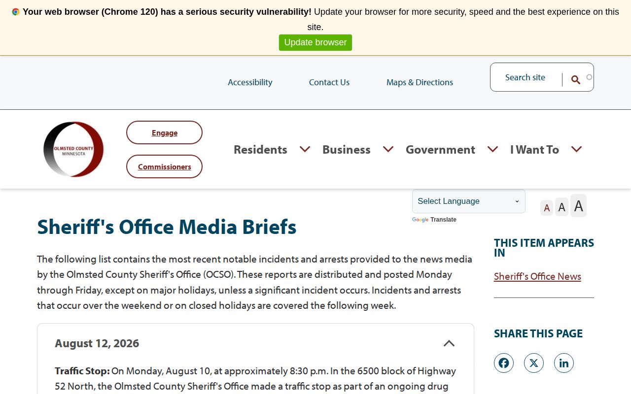 Olmsted County Sheriff media briefs recent arrest records page