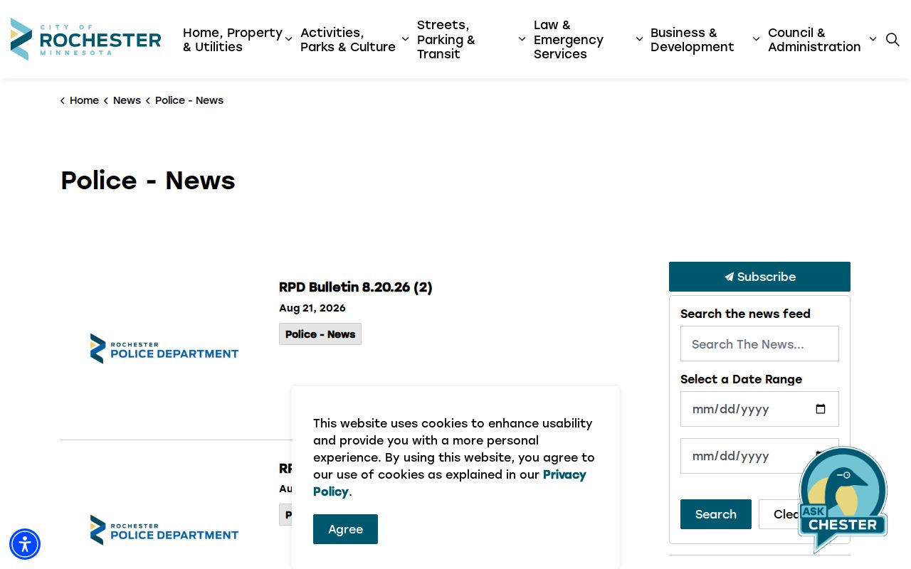 Rochester Police News official bulletin page